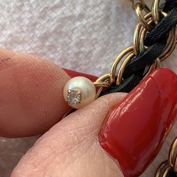 Ann Taylor long leather woven gold tone crystal charm statement necklace - Picture 5 of 9